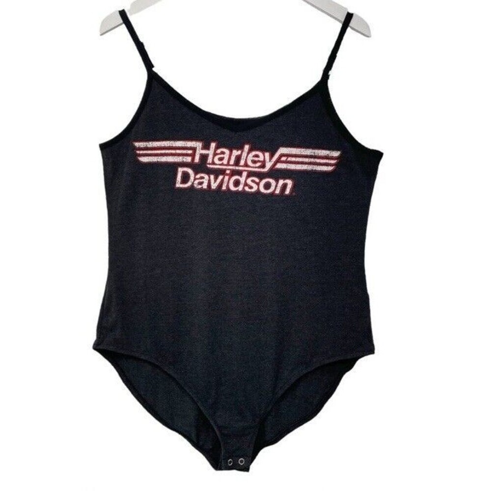 Harley Davidson Tank Bodysuit Snap Striped Logo Grey Adjustable Strap Sporty XL